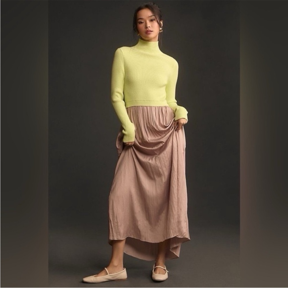 Anthropologie Thea Twofer Turtleneck Satin Sweater Maxi Dress in Medium